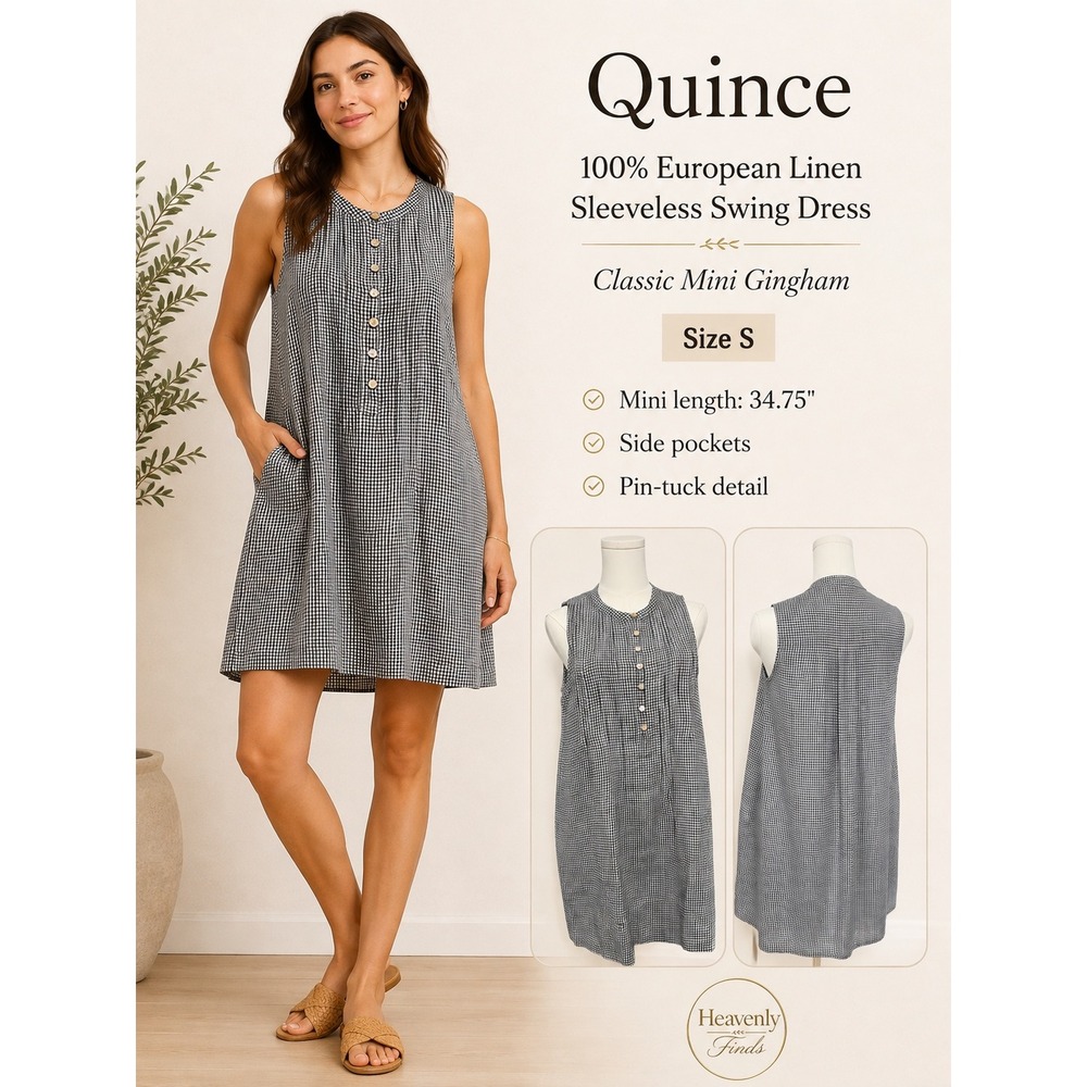 Quince Linen Sleeveless Swing Dress Small Black White Gingham Mini Pockets NEW